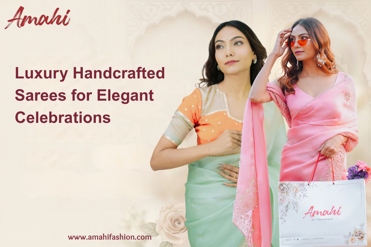 Handmade organza saree with zari work for festive occasions