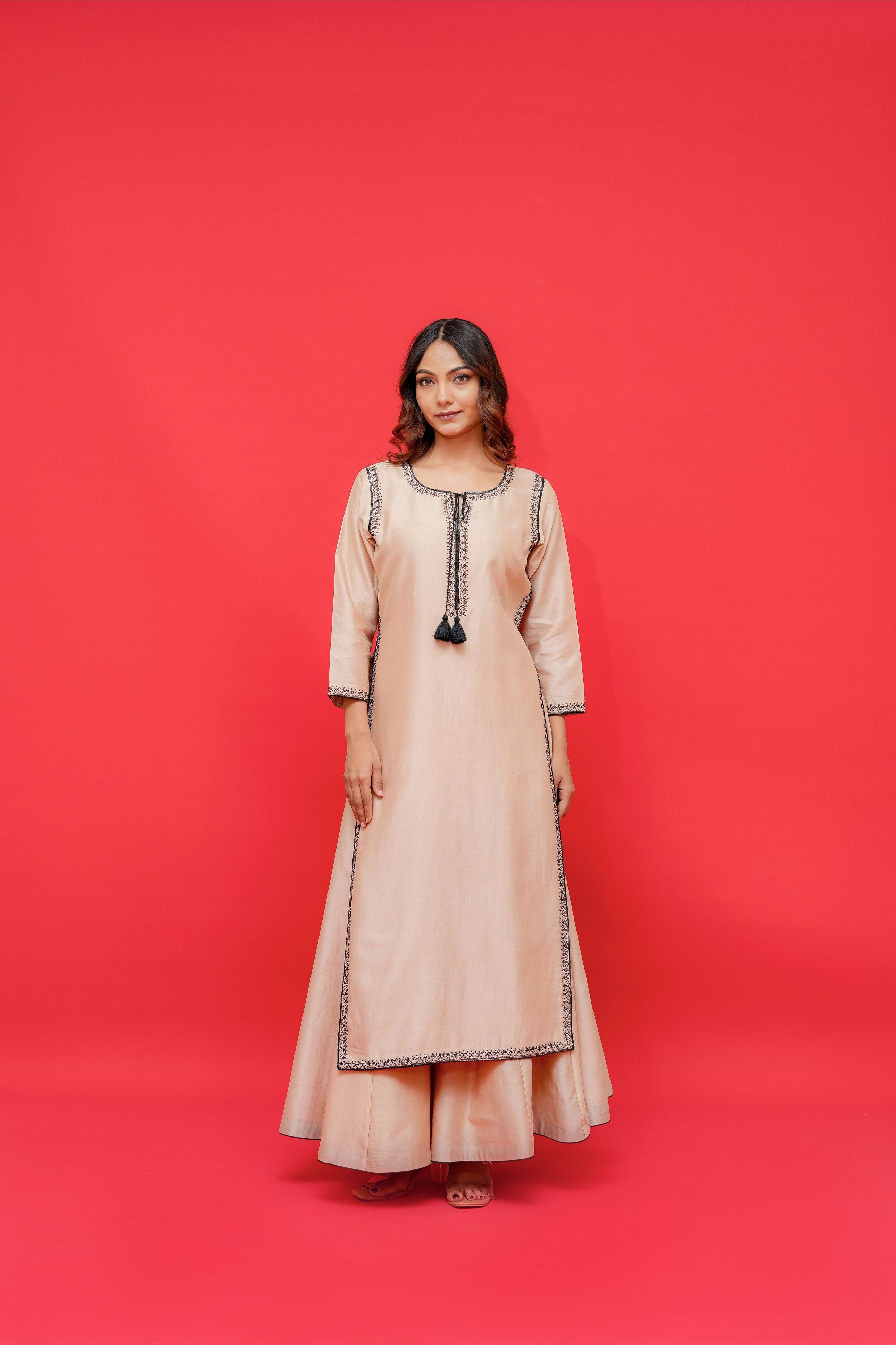 Pure chanderi silk kurtie with sharara set pure black hand  embroidery