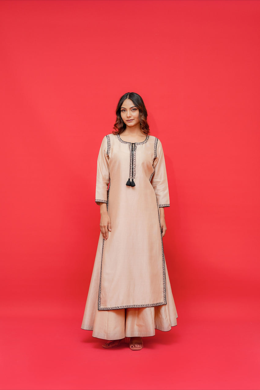 Pure chanderi silk kurtie with sharara set pure black hand  embroidery