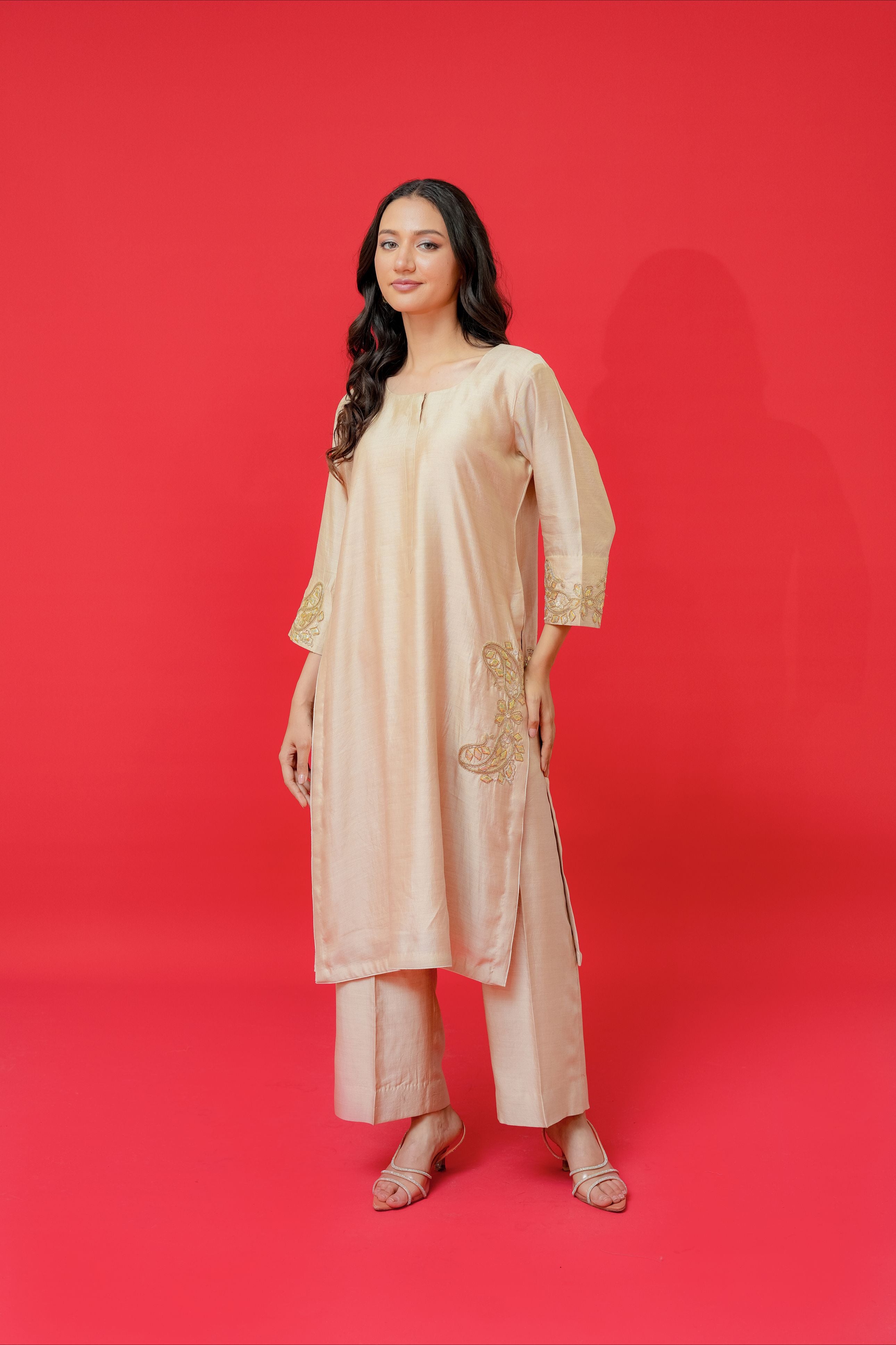 Pure chinia silk kurtie pant set with kacha gotta pati hand Embrodiray highlight with Dabka work