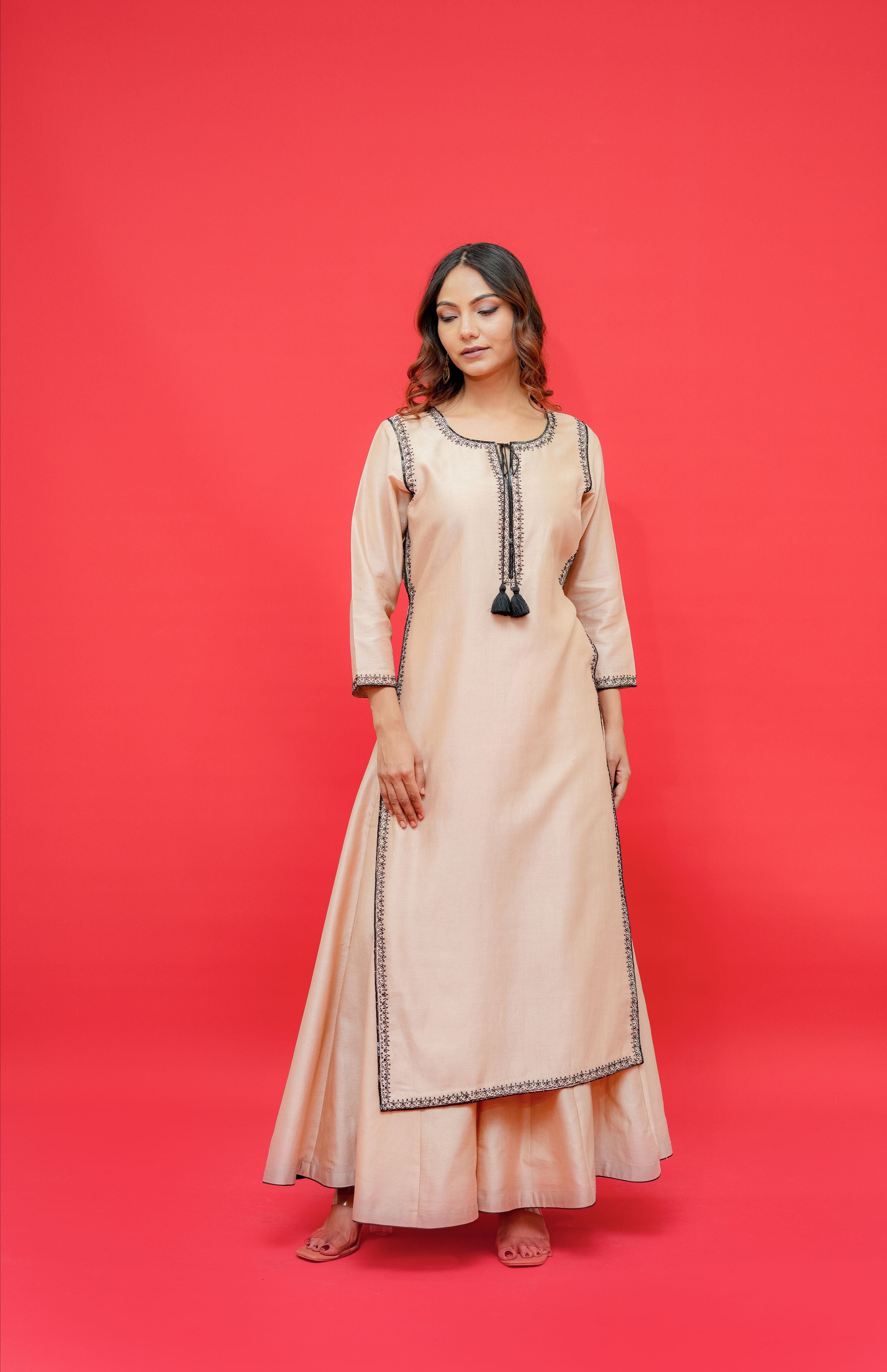 Pure chanderi silk kurtie with sharara set pure black hand  embroidery