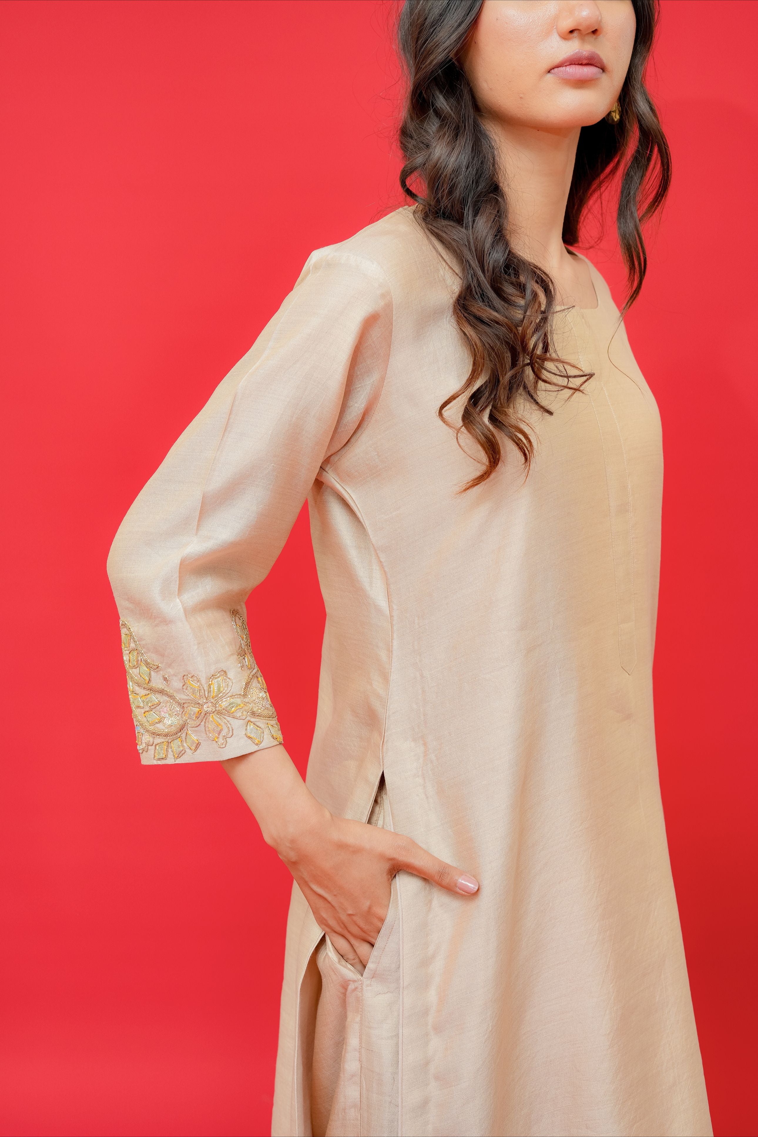 Pure chinia silk kurtie pant set with kacha gotta pati hand Embrodiray highlight with Dabka work