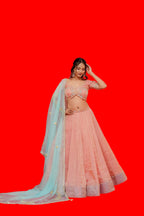 Woman in a traditional outfit with a pink top and light blue dupatta against a red background