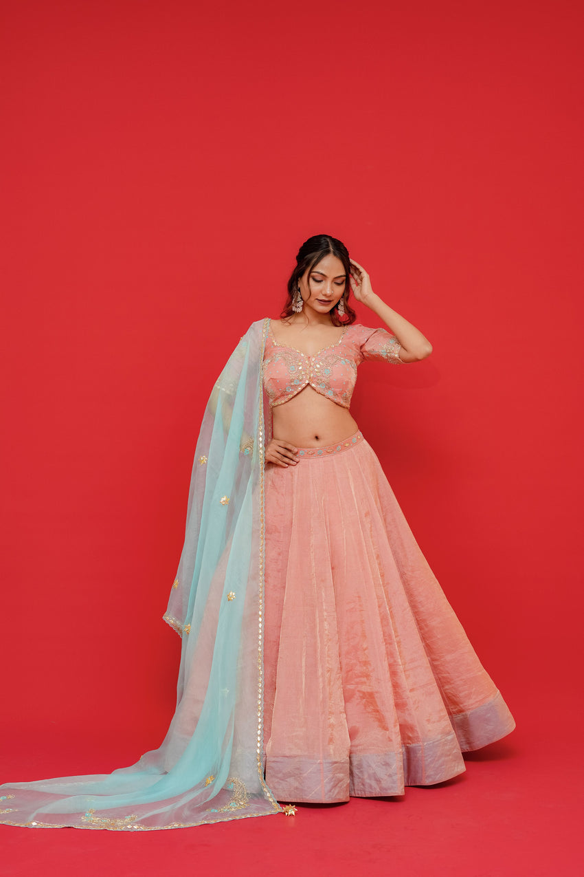 Pure tissue silk Lehenga blouse with  Organza Dupatta  Kachi gottapati work
