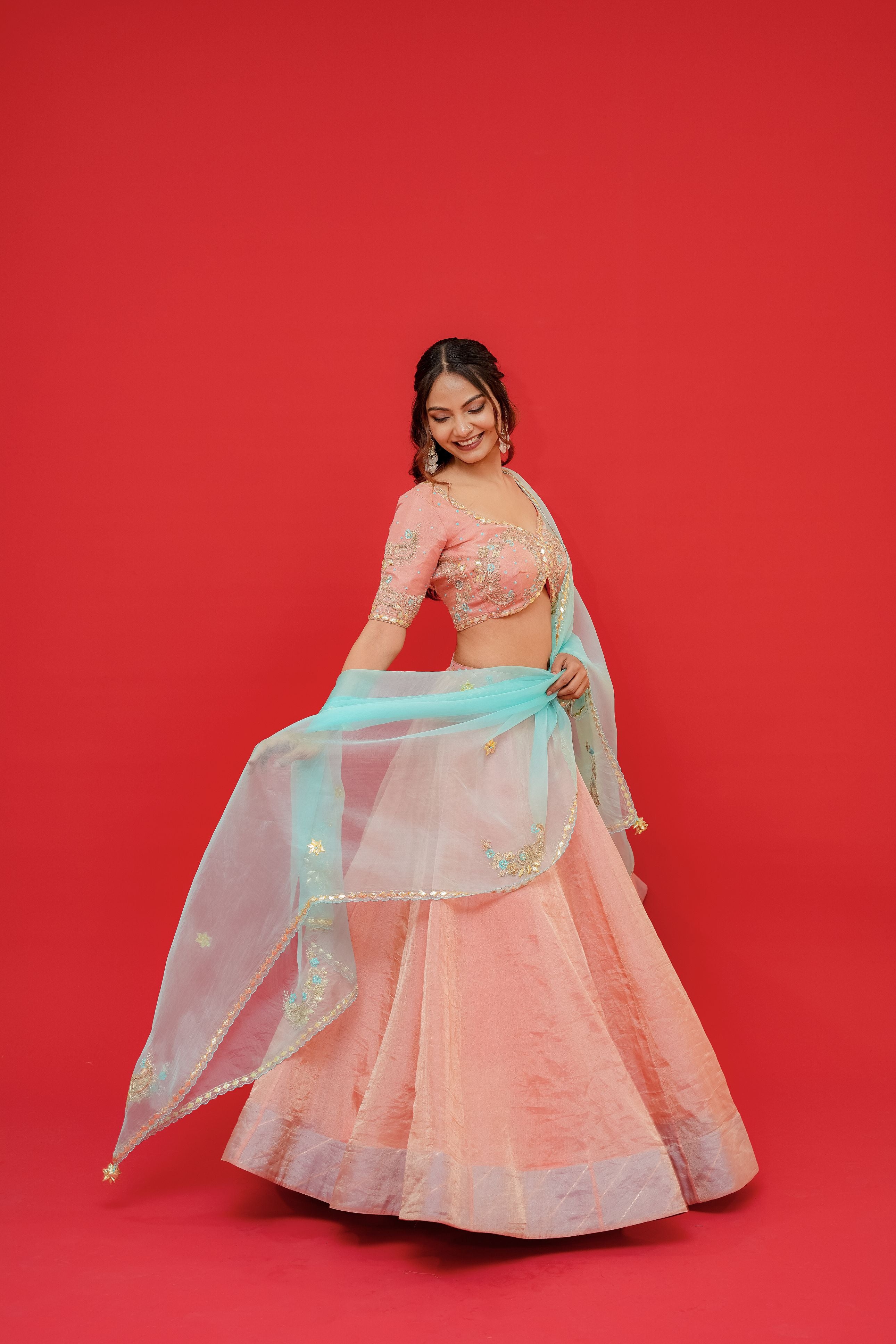 Pure tissue silk Lehenga blouse with  Organza Dupatta  Kachi gottapati work
