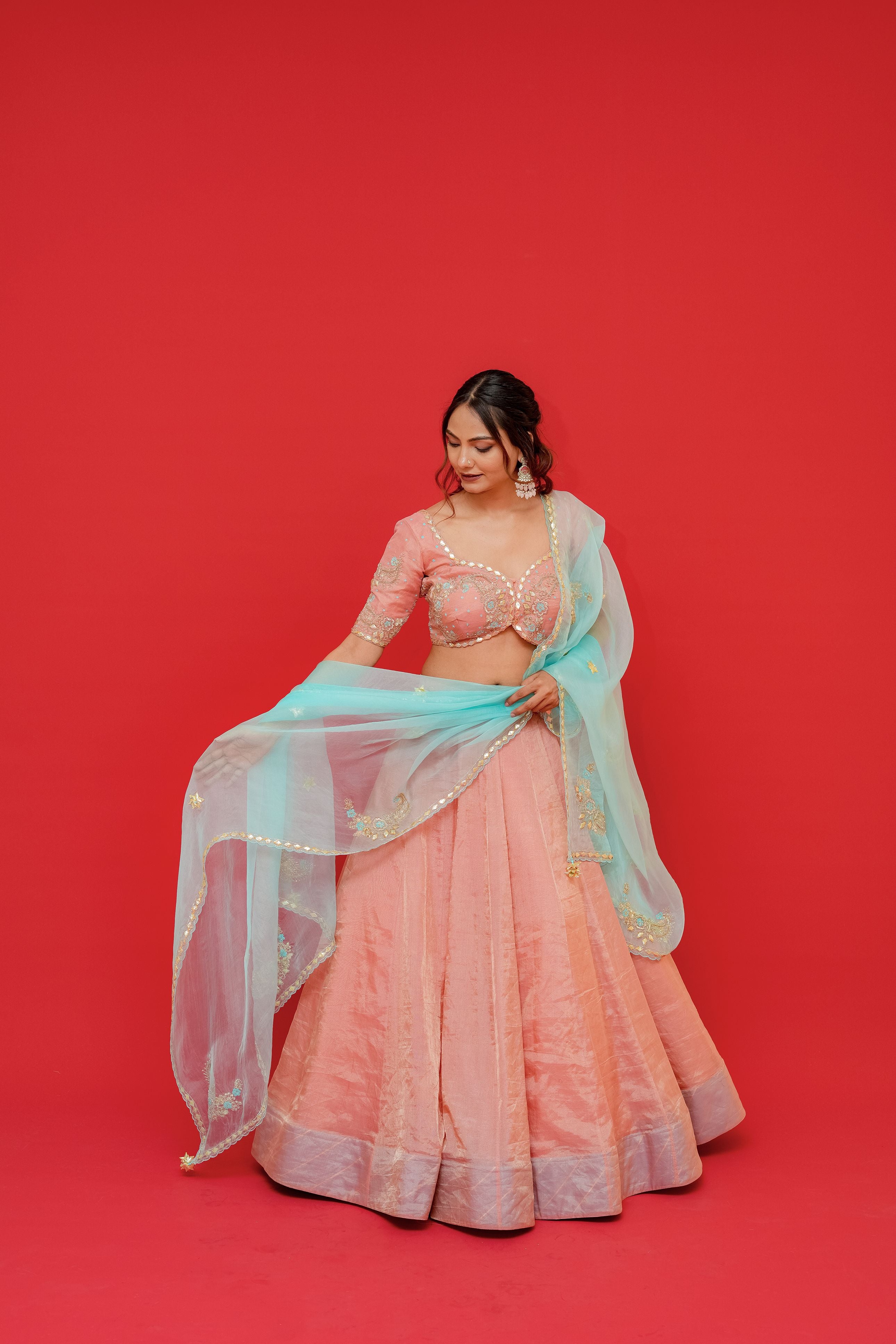 Pure tissue silk Lehenga blouse with  Organza Dupatta  Kachi gottapati work