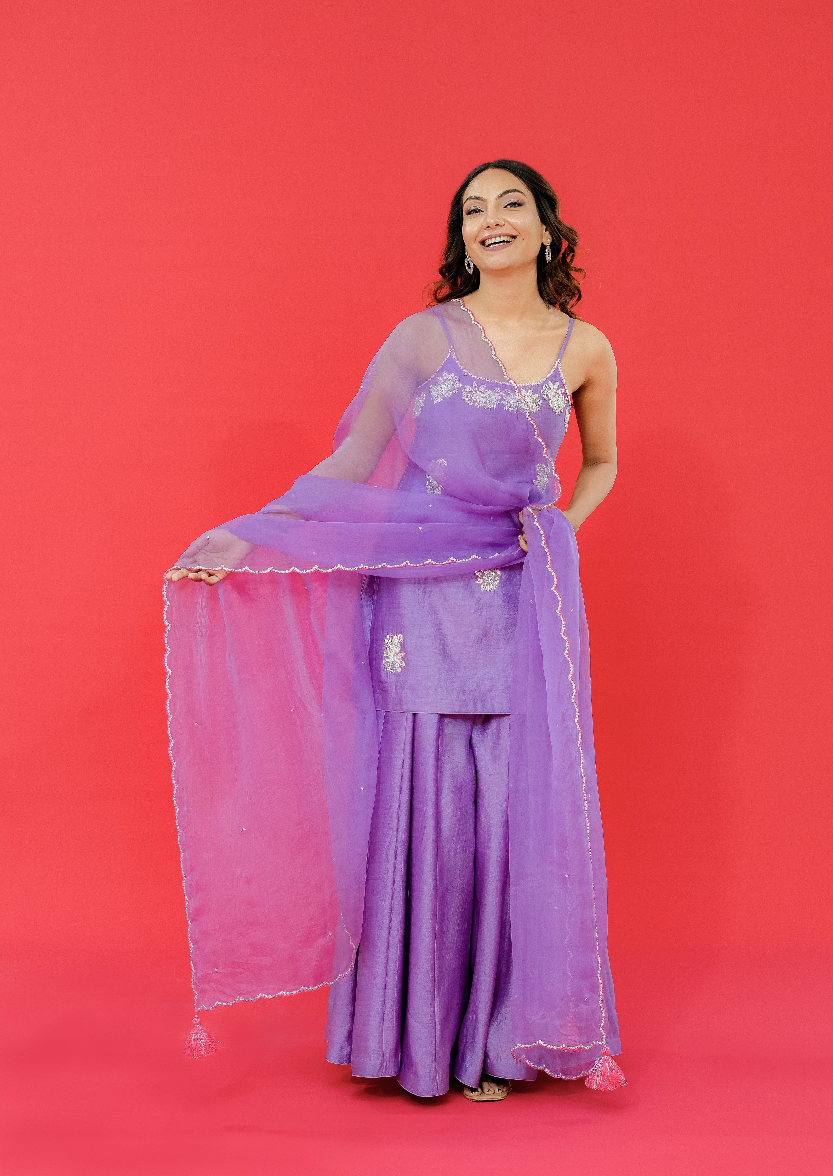 Silk sharara set with pure organza dupatta Complete hand Embroidery