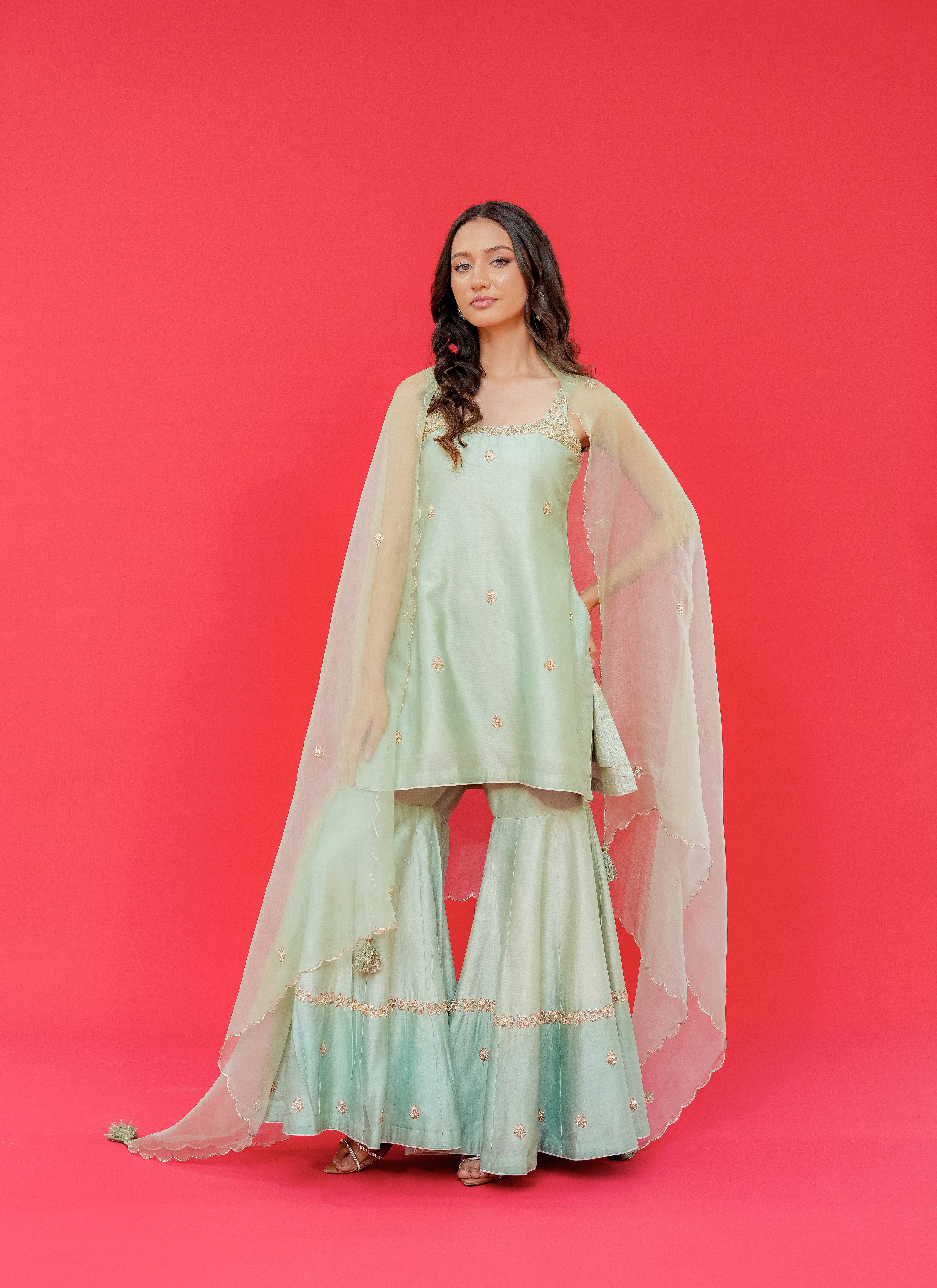 Chanderi silk kurta garara set with Orgnza Dupatta pure hand Embroidery kardana or sequence