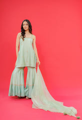 Chanderi silk kurta garara set with Orgnza Dupatta pure hand Embroidery kardana or sequence