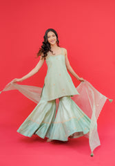 Chanderi silk kurta garara set with Orgnza Dupatta pure hand Embroidery kardana or sequence