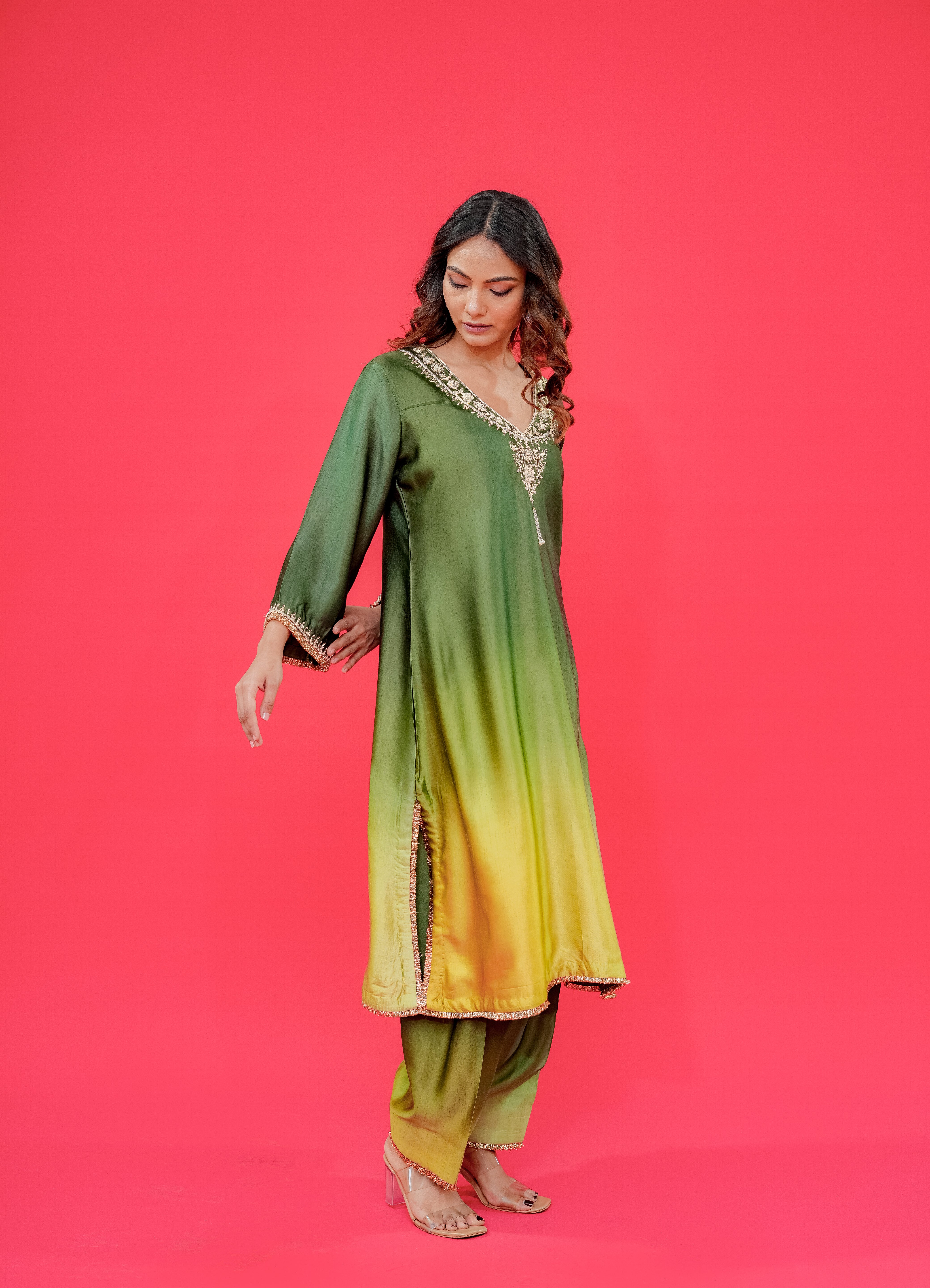 Nyasa silk long Kurti with Farsi salwar pearl or Dabka Hand Embrodery