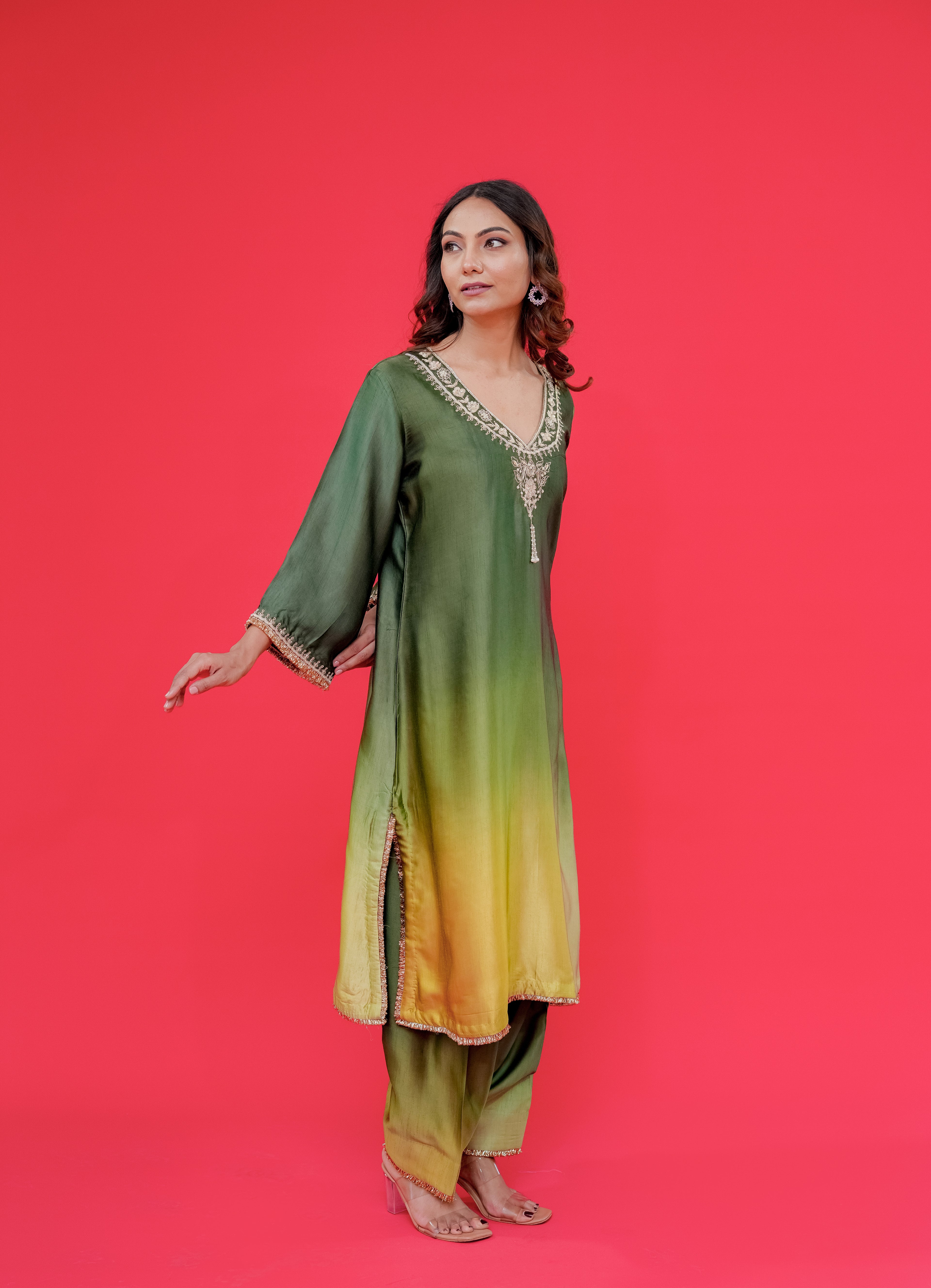Nyasa silk long Kurti with Farsi salwar pearl or Dabka Hand Embrodery