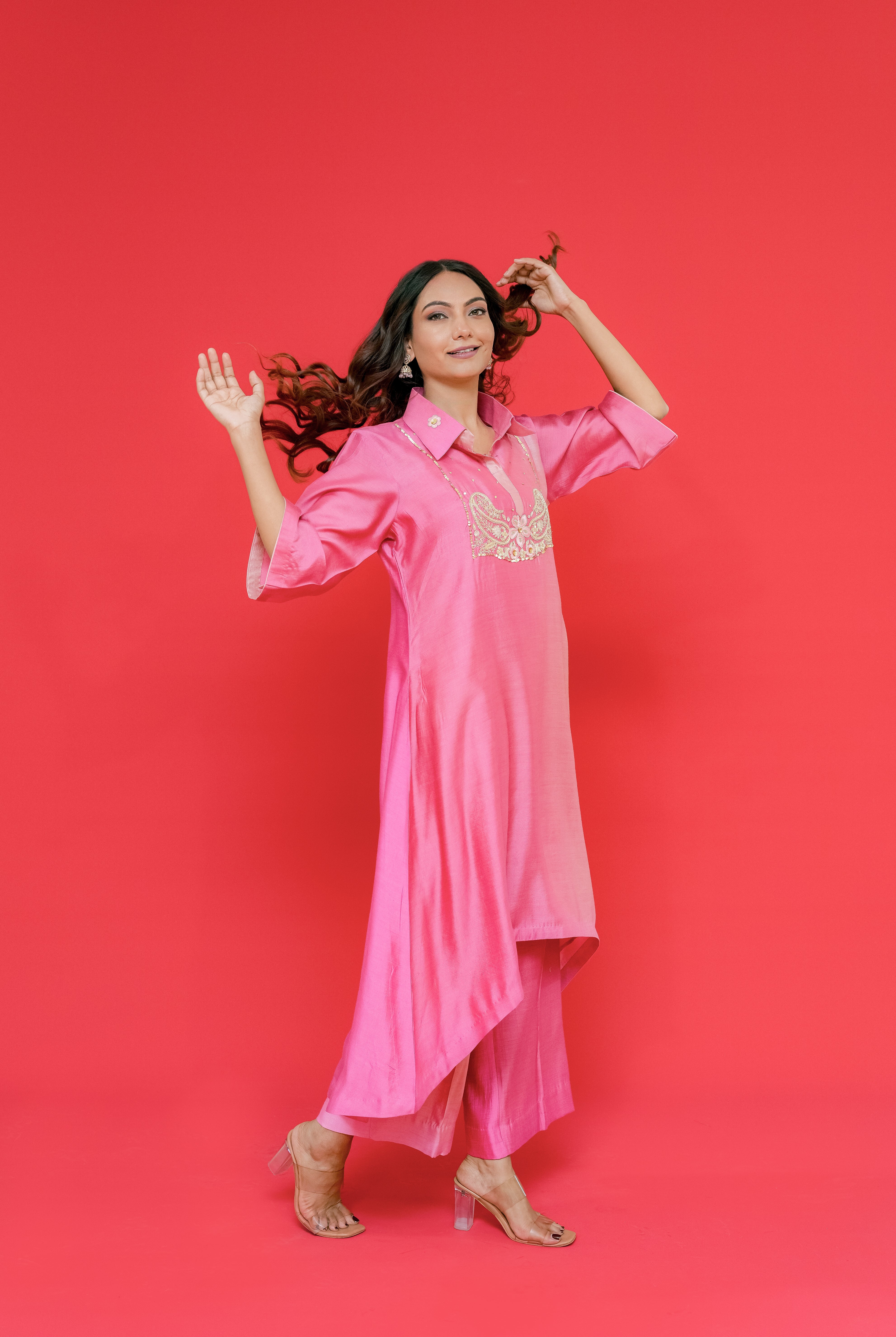 Pure bhagalpuri silk kurti plazo set with resham hand Embroidery highlight with sequence or dabka work