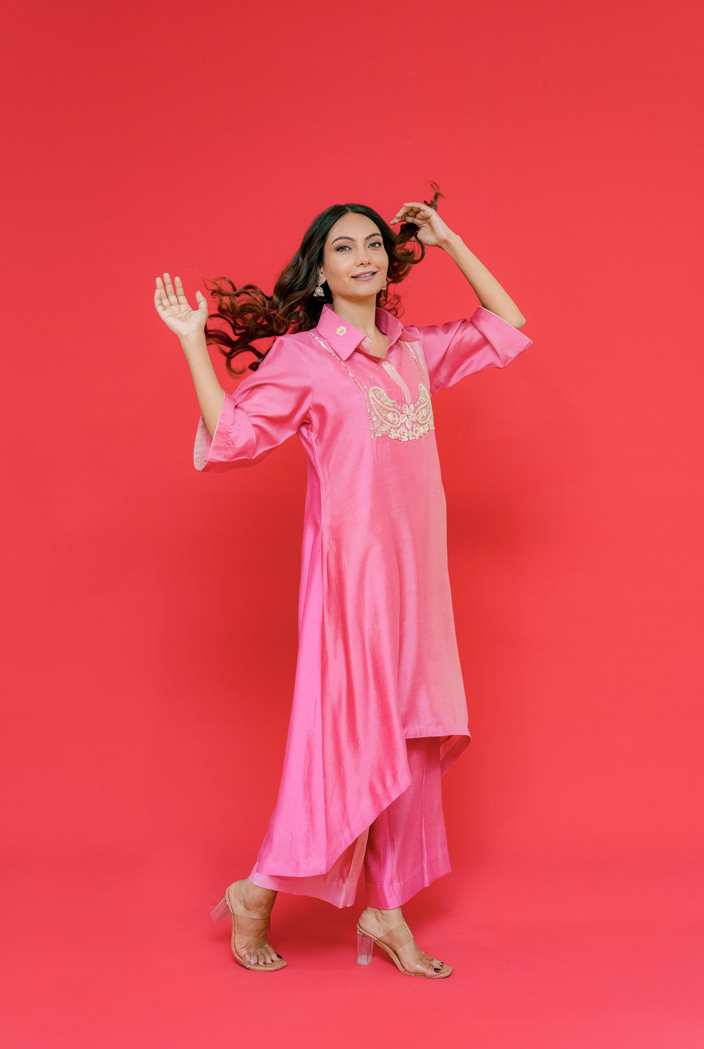 Pure bhagalpuri silk kurti plazo set with resham hand Embroidery highlight with sequence or dabka work