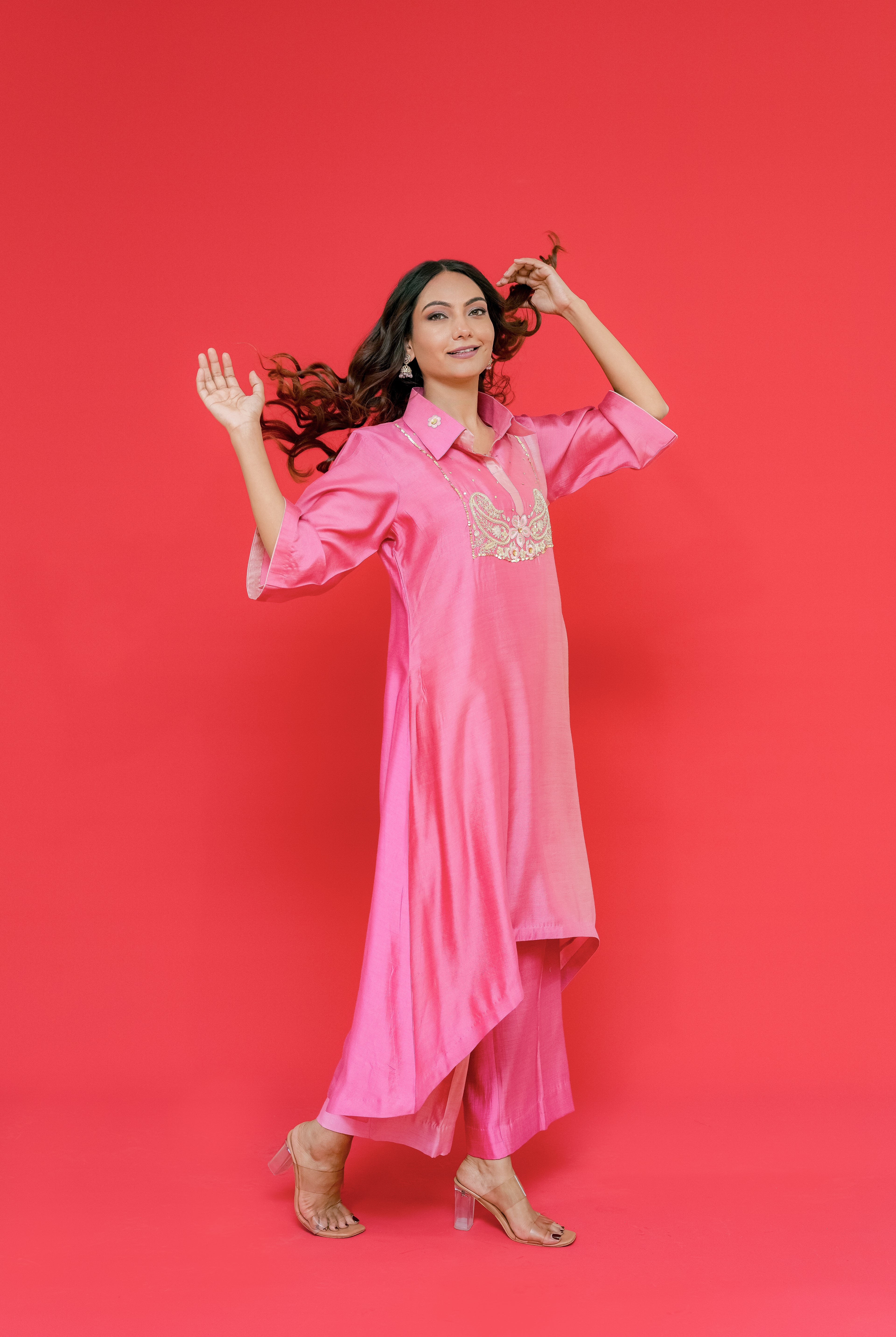 Pure bhagalpuri silk kurti plazo set with resham hand Embroidery highlight with sequence or dabka work