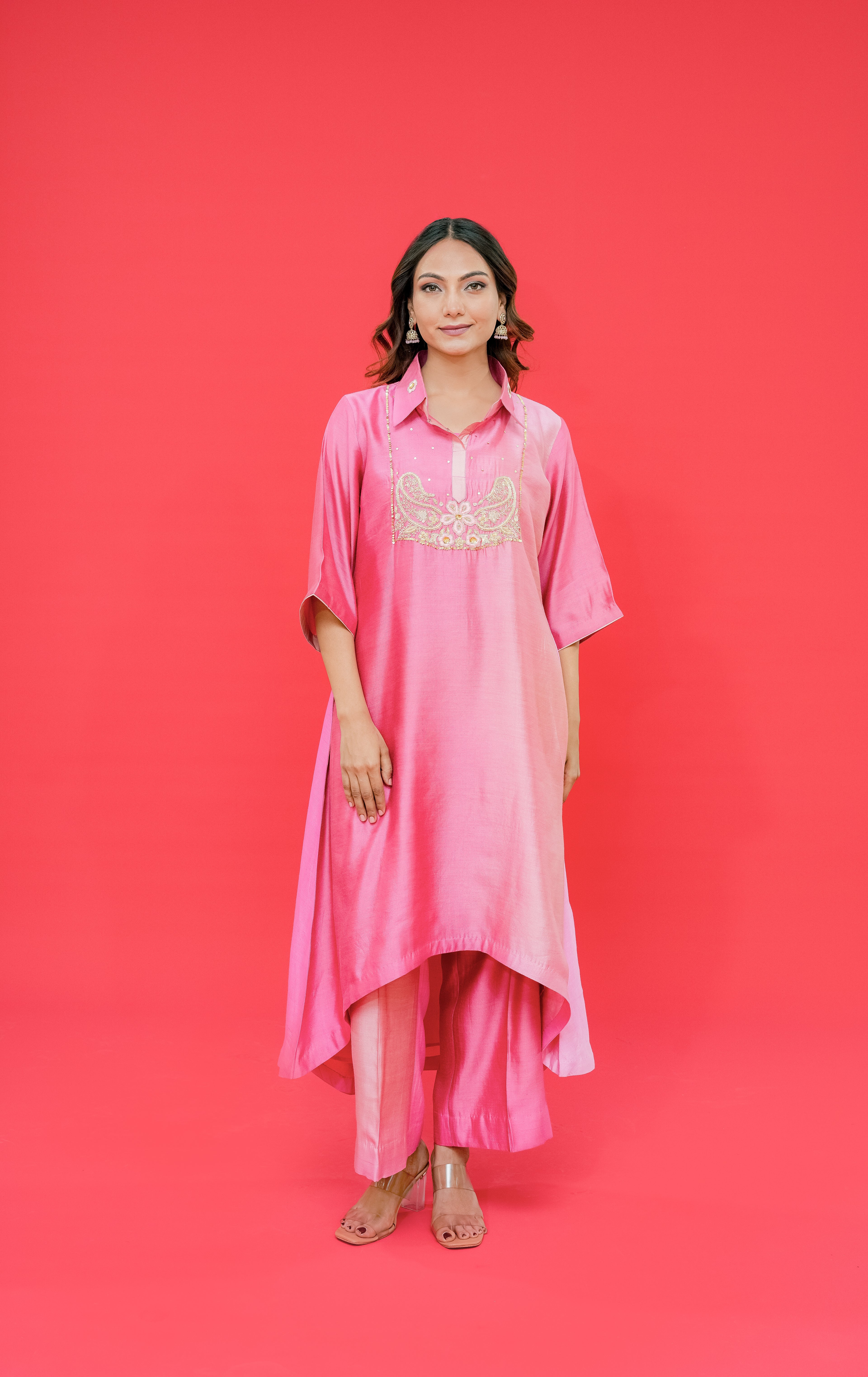 Pure bhagalpuri silk kurti plazo set with resham hand Embroidery highlight with sequence or dabka work