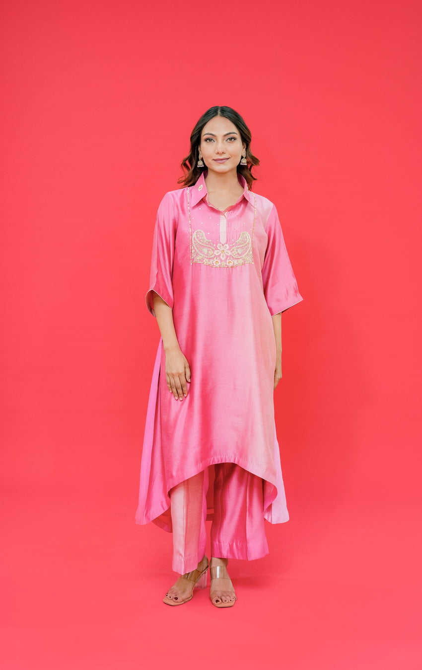 Pure bhagalpuri silk kurti plazo set with resham hand Embroidery highlight with sequence or dabka work