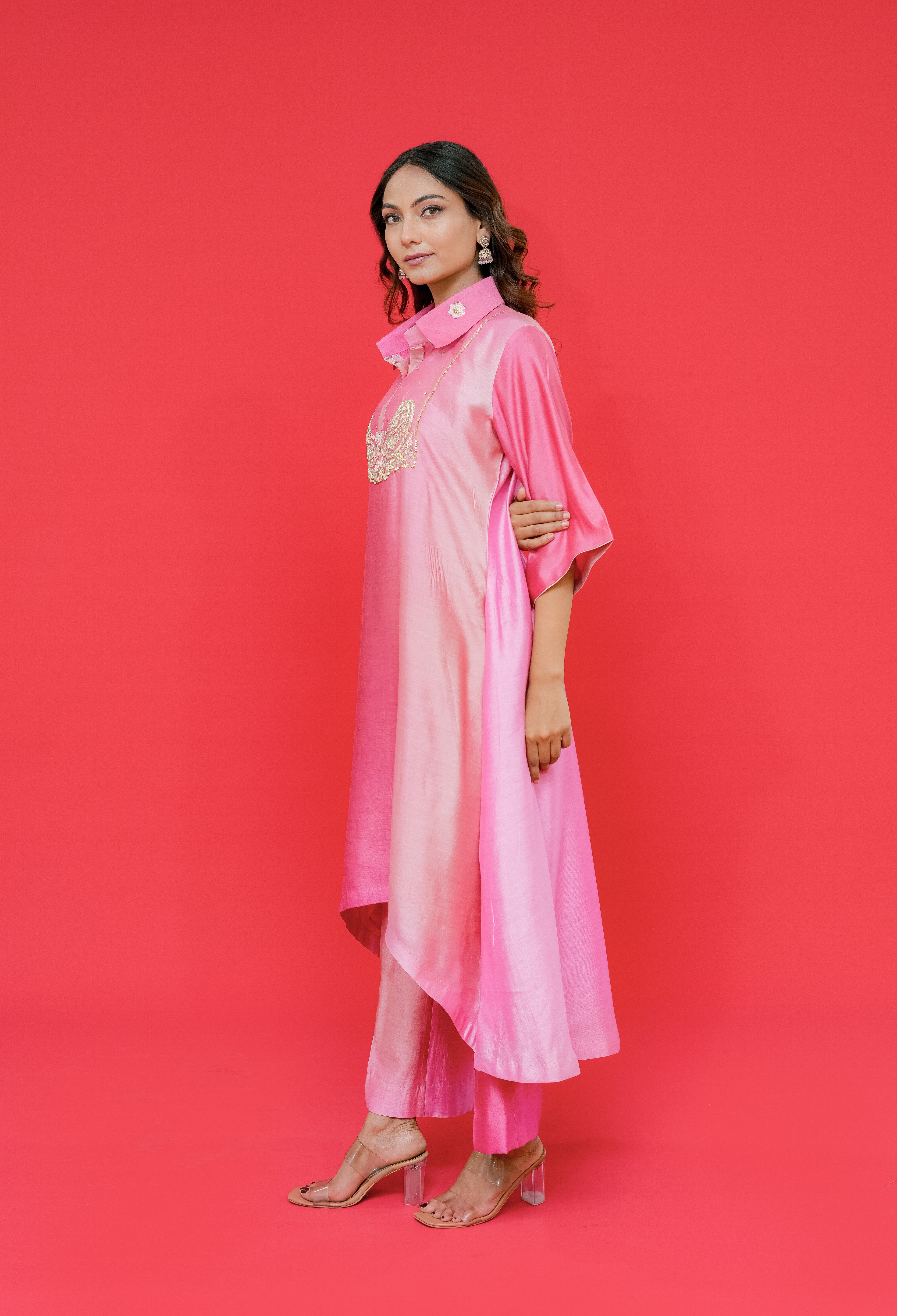 Pure bhagalpuri silk kurti plazo set with resham hand Embroidery highlight with sequence or dabka work
