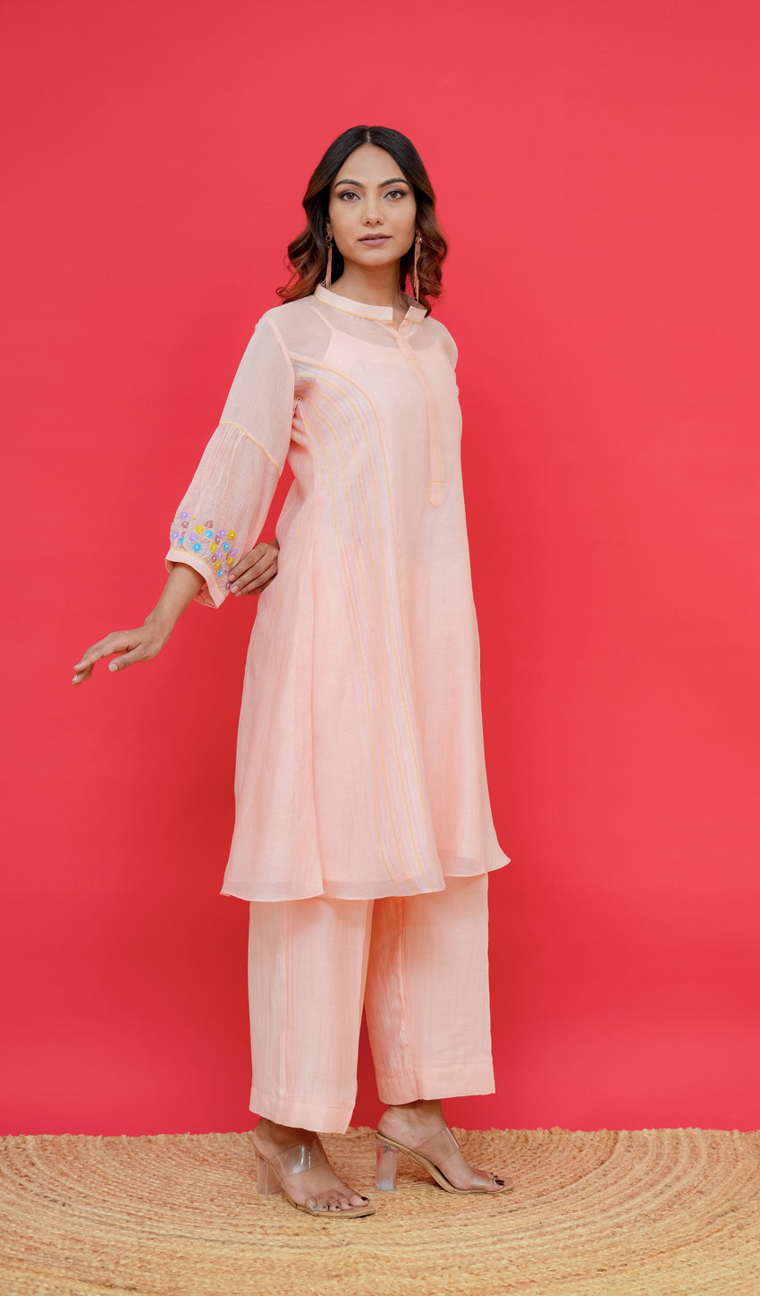 Mul chanderi kurti or plazo set pure thread Embroidery statement sleeves