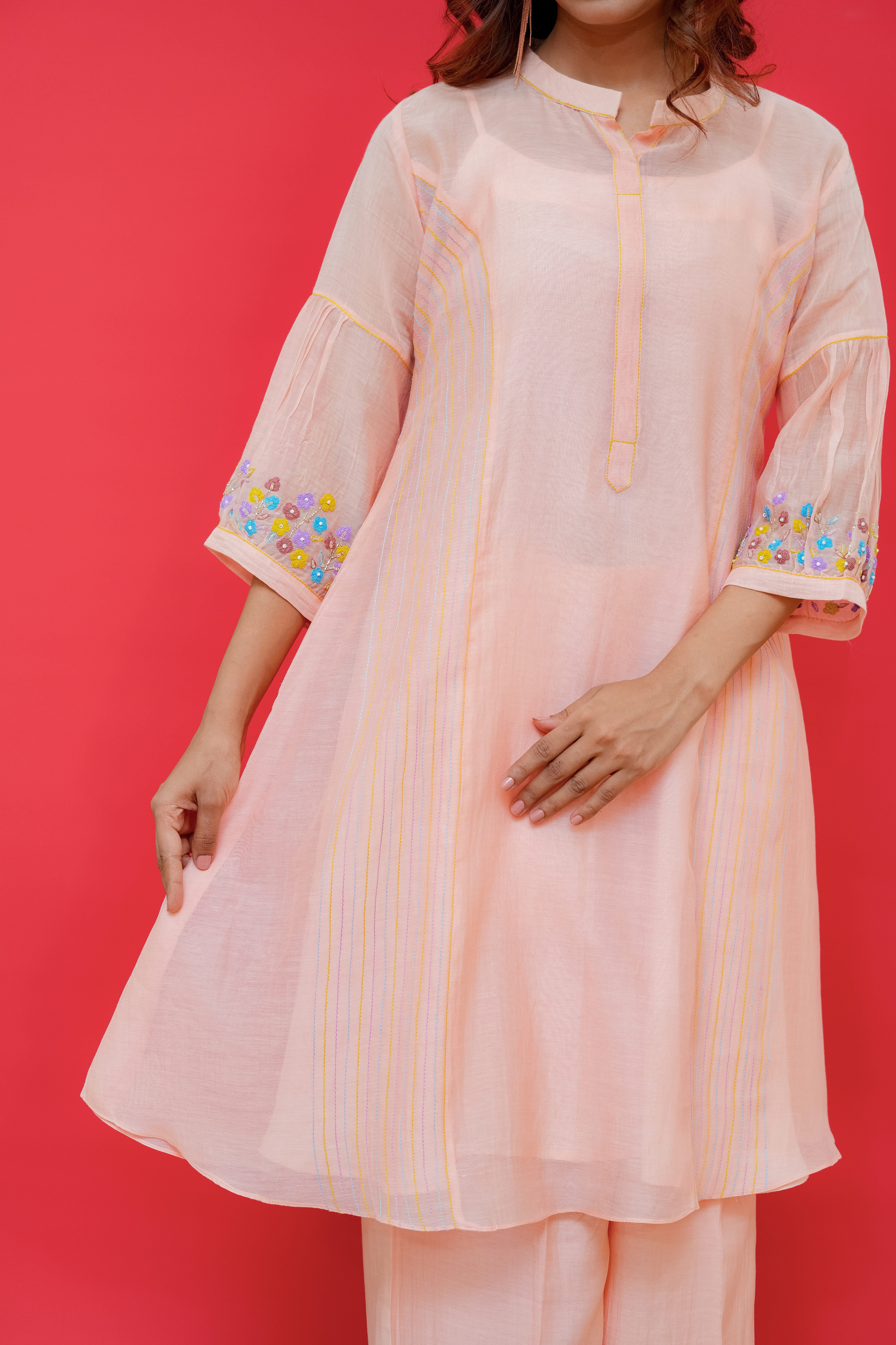 Mul chanderi kurti or plazo set pure thread Embroidery statement sleeves