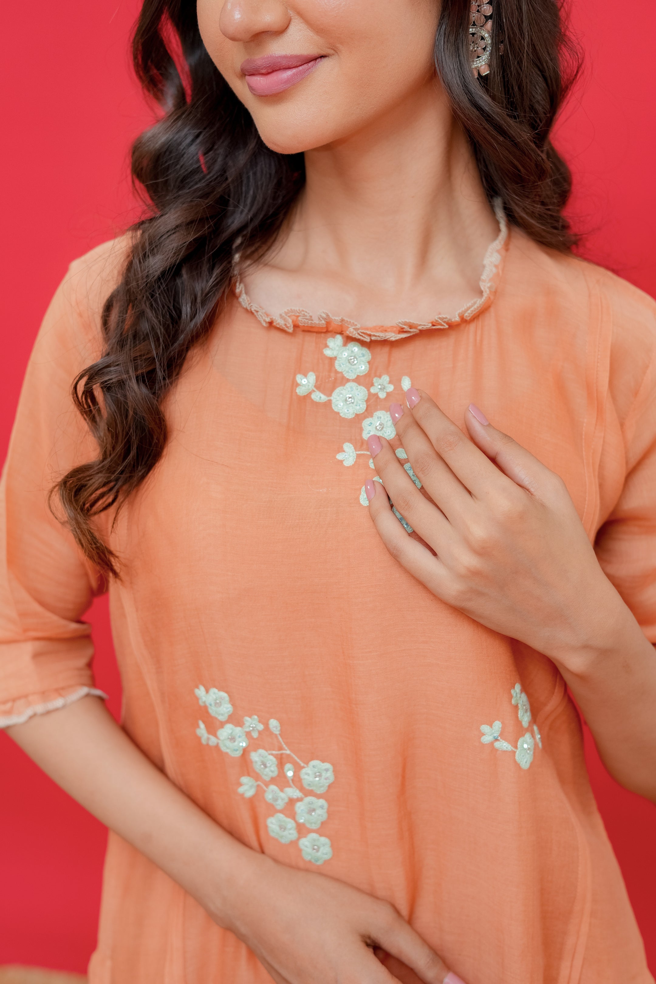 Pure mul Chanderi kurtie or pant Thread hand Embroidery