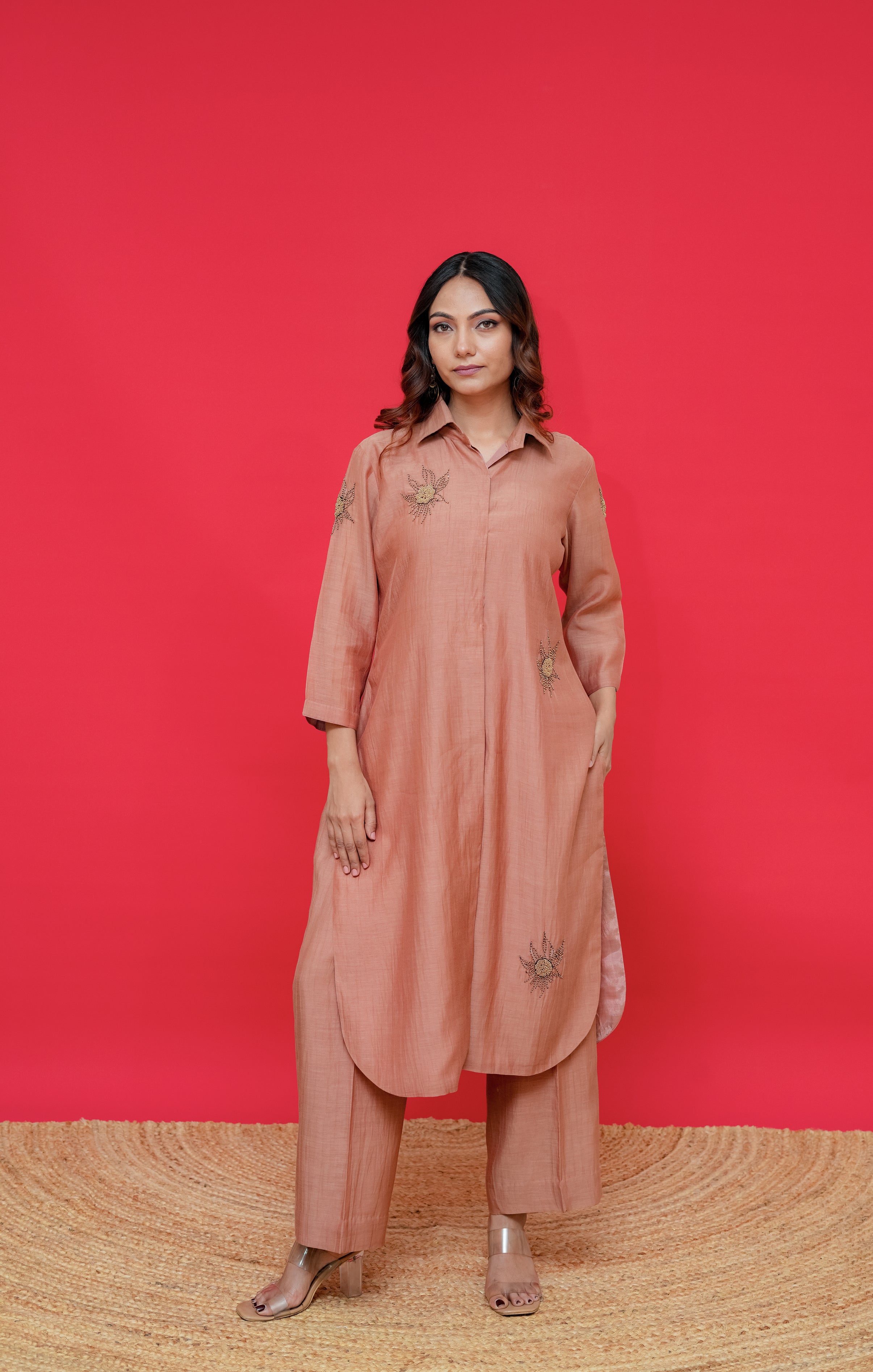 Pure mul chanderi top n bottom work thread & chid hand Embroidery