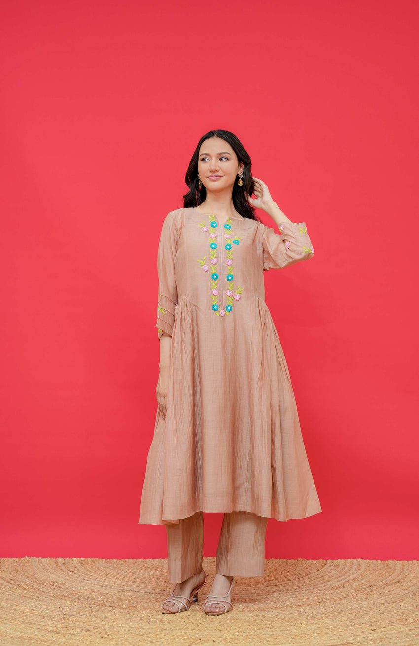 Pure mul chanderi kurti or bottom with anchor thread hand embroidery