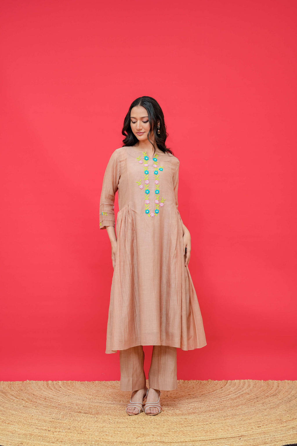 Pure mul chanderi kurti or bottom with anchor thread hand embroidery
