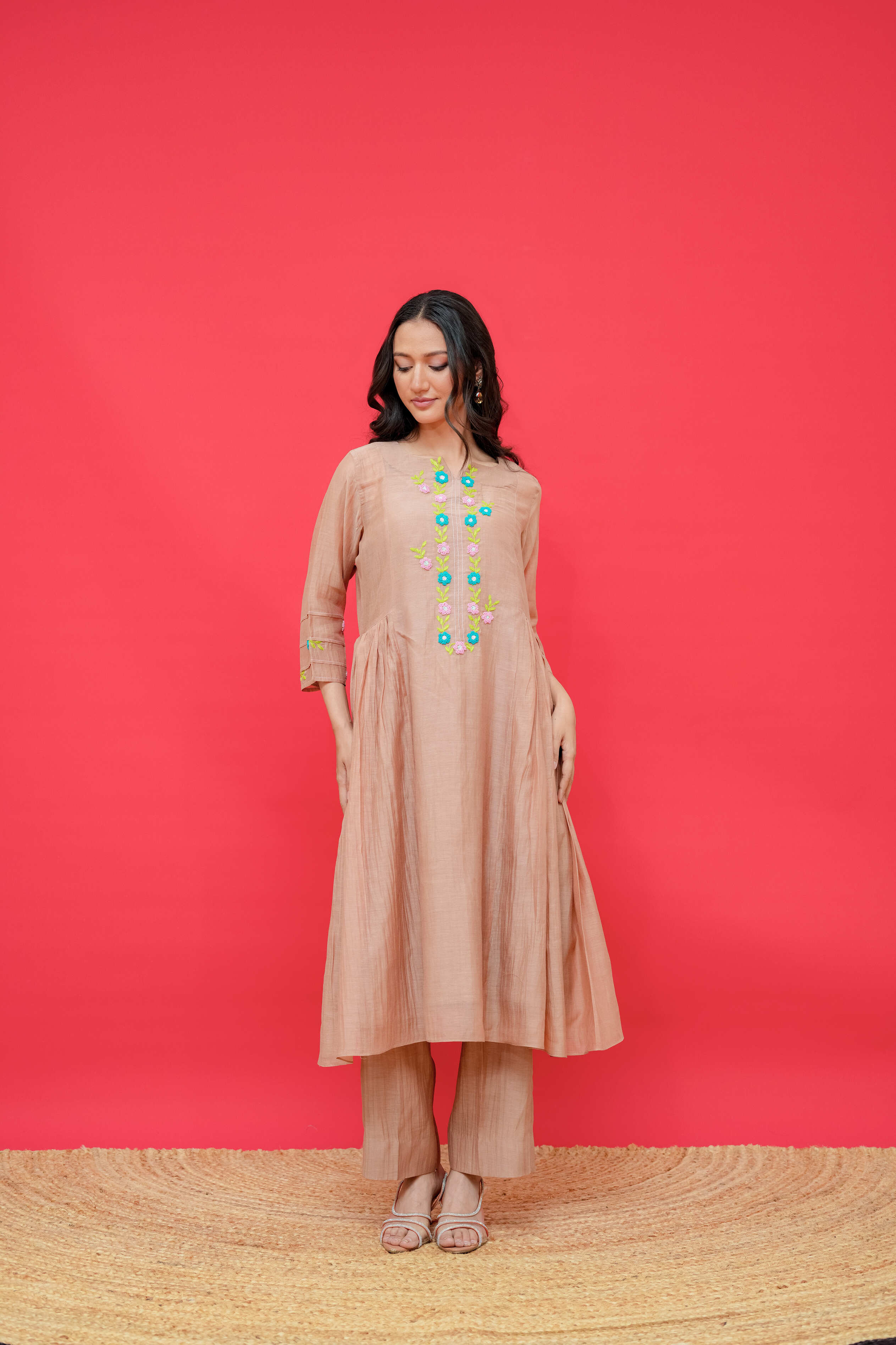 Pure mul chanderi kurti or bottom with anchor thread hand embroidery
