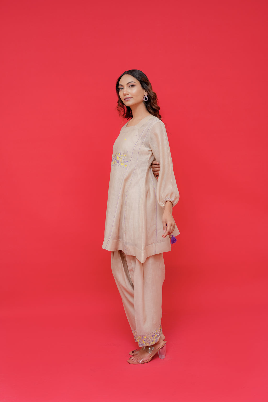 Pure mul chanderi kali short kurti with Najmin salwar with hand Embroidery