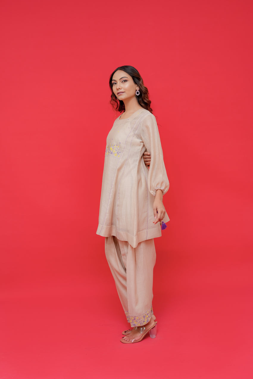 Pure mul chanderi kali short kurti with Najmin salwar with hand Embroidery