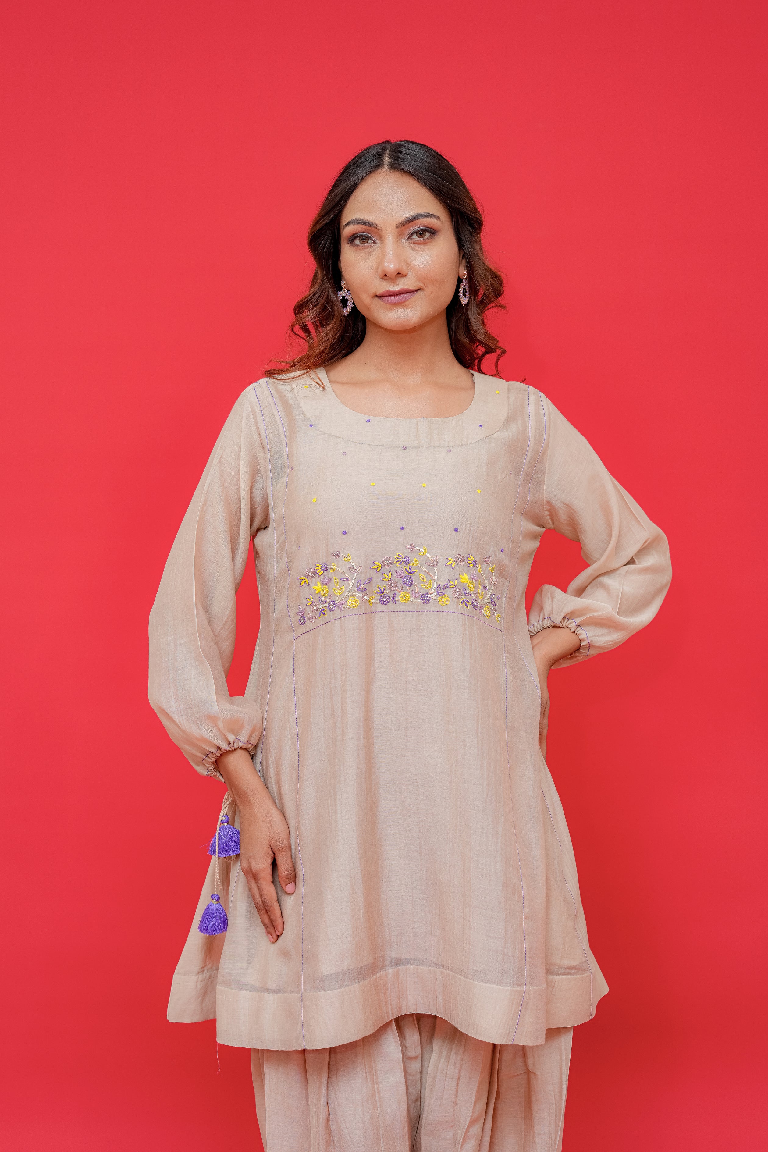 Pure mul chanderi kali short kurti with Najmin salwar with hand Embroidery