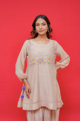 Pure mul chanderi kali short kurti with Najmin salwar with hand Embroidery