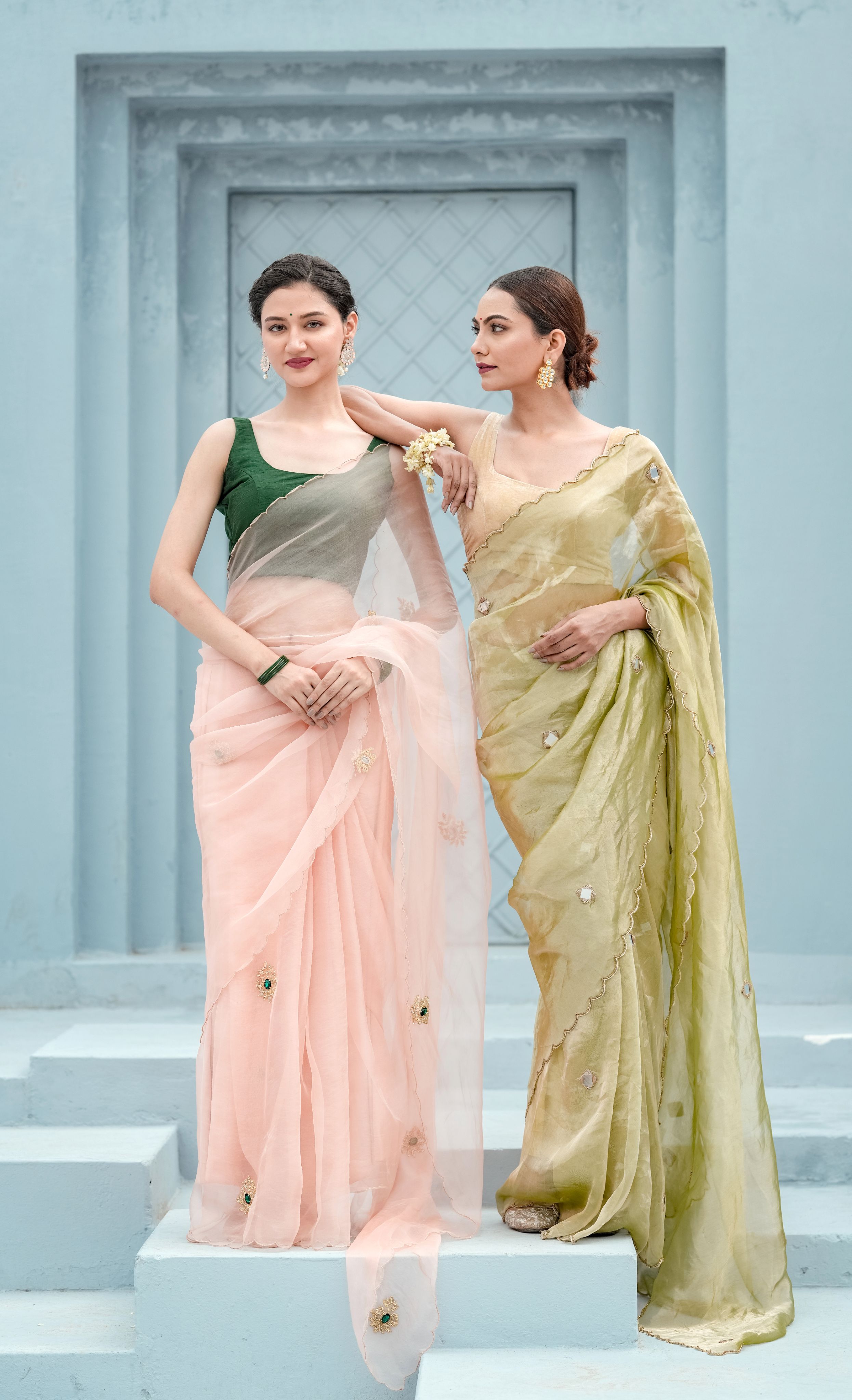 Pure tissue saree with mirror Dabka work with blouse