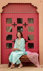 Silk Chanderi  Suit with Orgnza cut work Dupta Detail with Hand Embrodiray