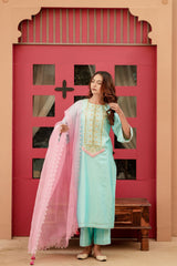 Silk Chanderi  Suit with Orgnza cut work Dupta Detail with Hand Embrodiray