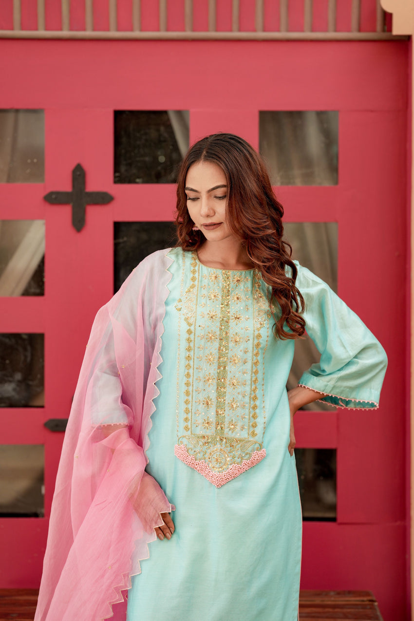 Silk Chanderi  Suit with Orgnza cut work Dupta Detail with Hand Embrodiray