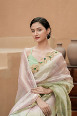 Pure Tissue Blush Gold Saree with Hand-Embroidered Green Stone Border