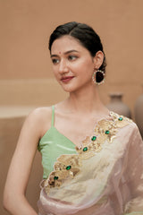 Pure Tissue Blush Gold Saree with Hand-Embroidered Green Stone Border