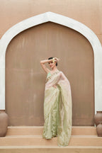 Pure Tissue Blush Gold Saree with Hand-Embroidered Green Stone Border