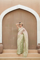 Pure Tissue Blush Gold Saree with Hand-Embroidered Green Stone Border