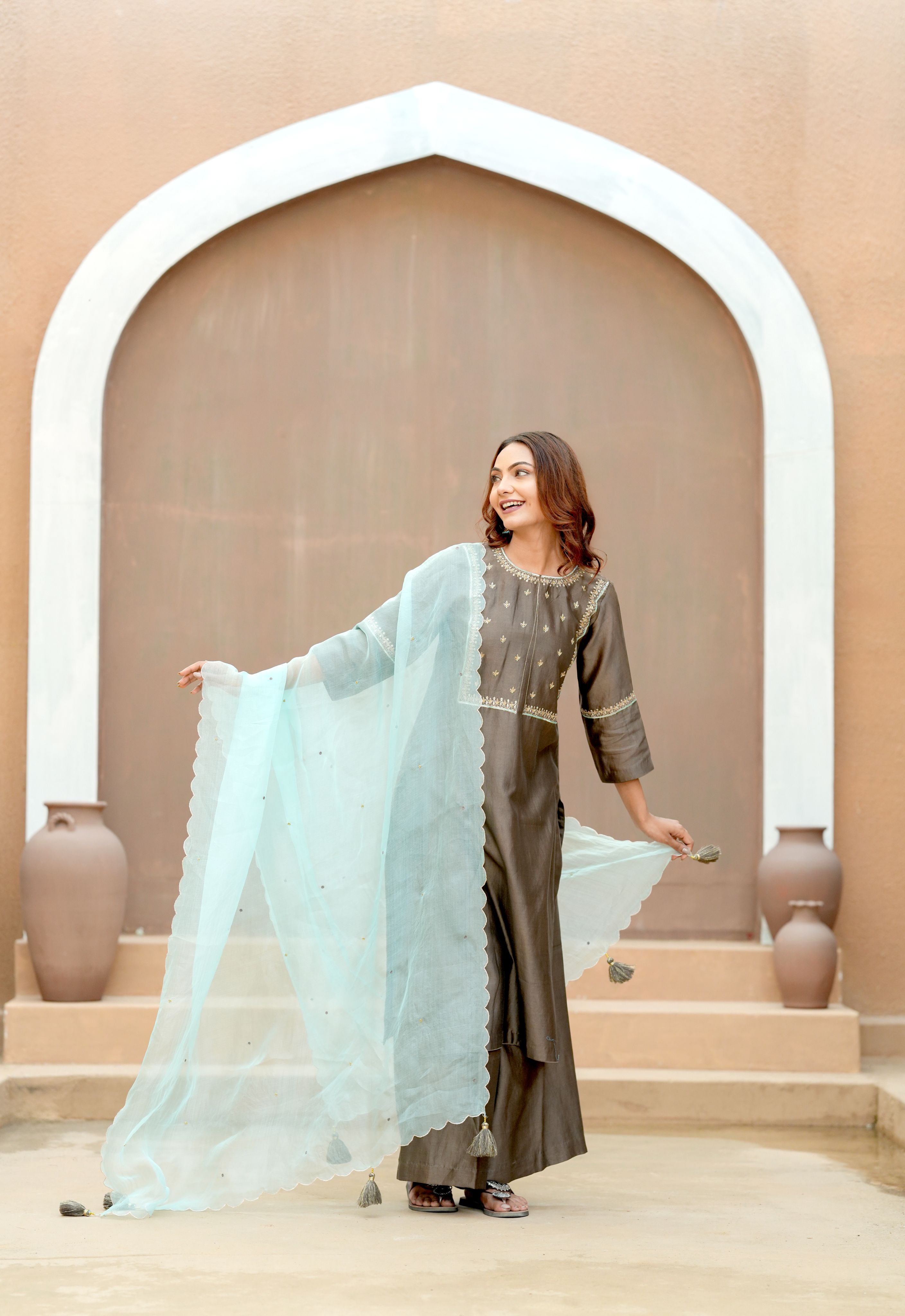 Mocha Silk Chanderi Hand-Embroidered Suit Set with Aqua Organza Dupatta