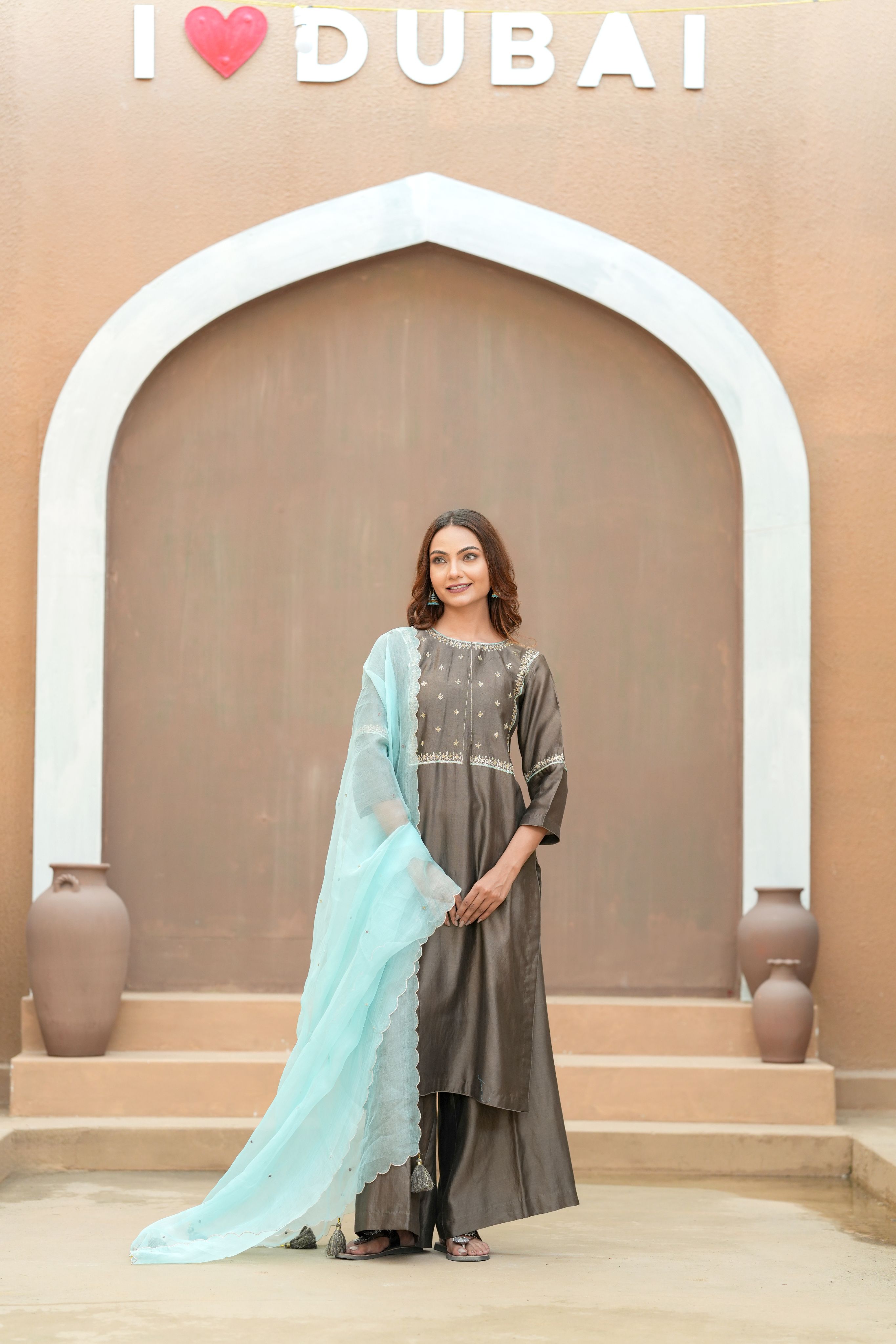 Mocha Silk Chanderi Hand-Embroidered Suit Set with Aqua Organza Dupatta