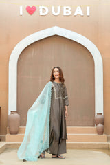 Mocha Silk Chanderi Hand-Embroidered Suit Set with Aqua Organza Dupatta