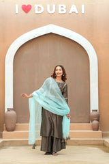 Mocha Silk Chanderi Hand-Embroidered Suit Set with Aqua Organza Dupatta
