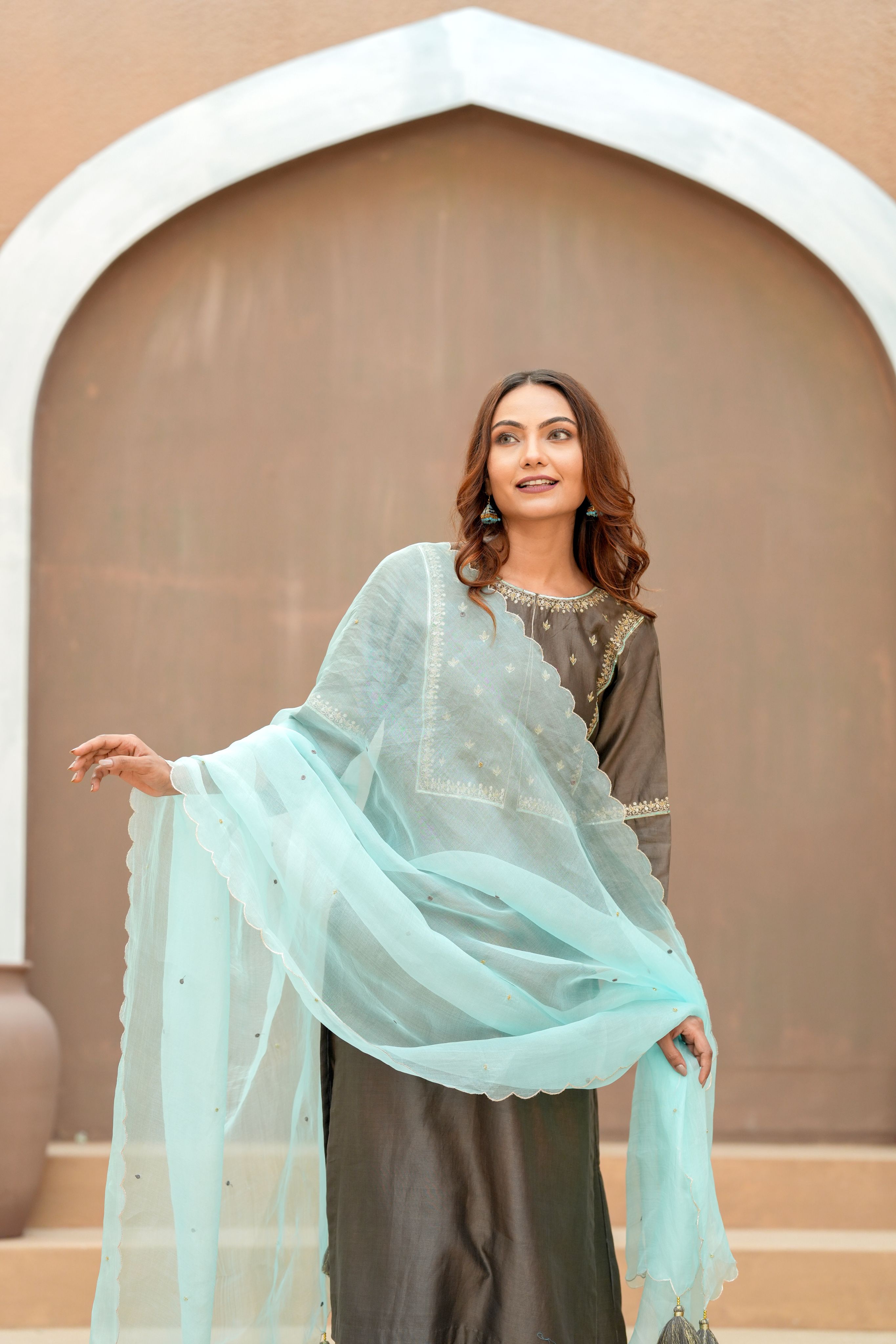 Mocha Silk Chanderi Hand-Embroidered Suit Set with Aqua Organza Dupatta