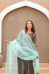 Mocha Silk Chanderi Hand-Embroidered Suit Set with Aqua Organza Dupatta