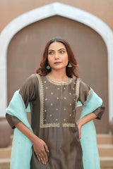 Mocha Silk Chanderi Hand-Embroidered Suit Set with Aqua Organza Dupatta