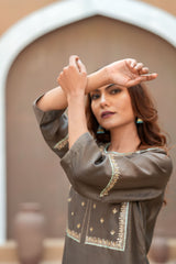 Mocha Silk Chanderi Hand-Embroidered Suit Set with Aqua Organza Dupatta