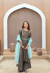 Mocha Silk Chanderi Hand-Embroidered Suit Set with Aqua Organza Dupatta